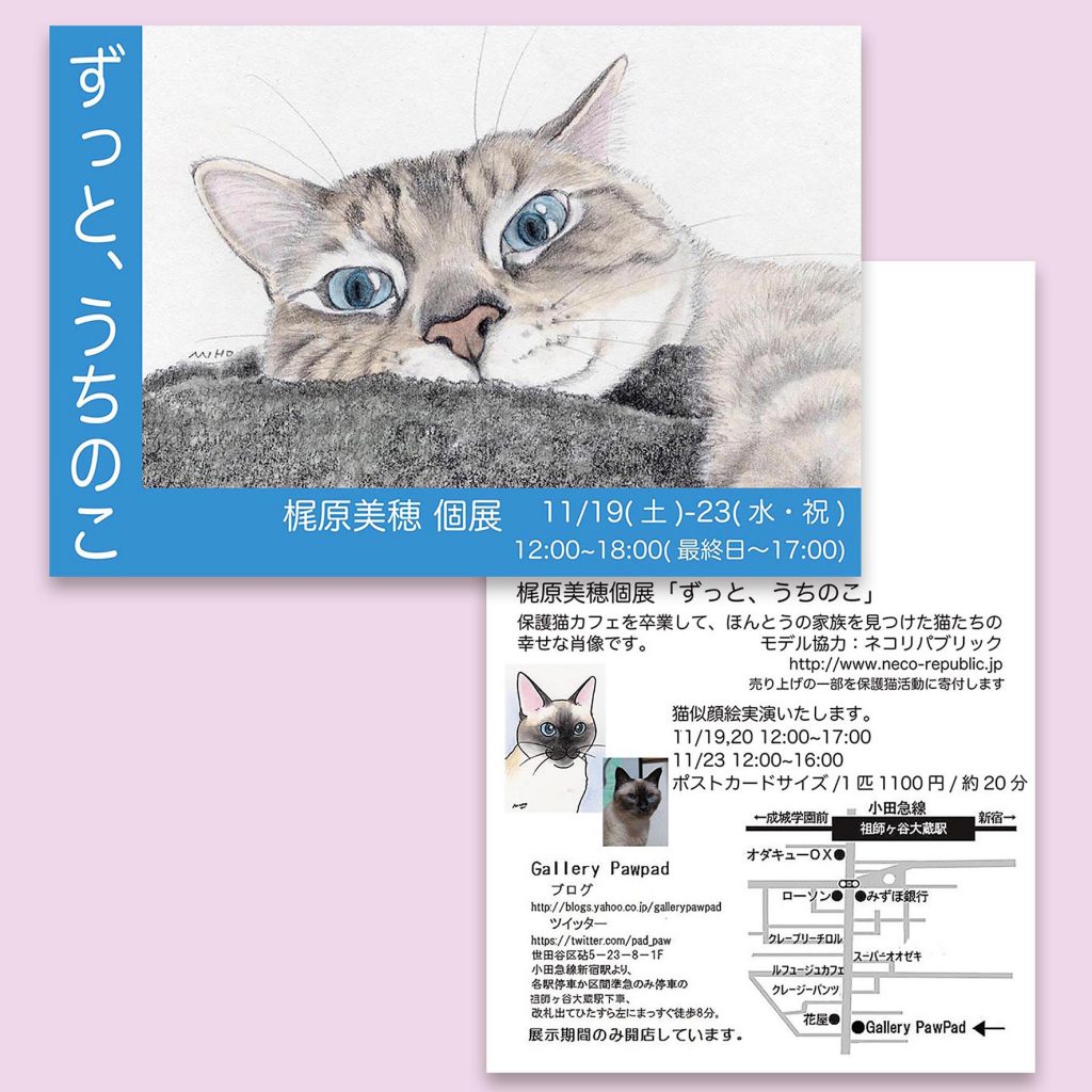 梶原美穂、保護猫をテーマにした個展「ずっと、うちのこ」と、北九州での企画展「黒猫と猫妖怪」参加のお知らせ | 【広告・販促物企画制作】有限会社スタジオ ・キャットキック